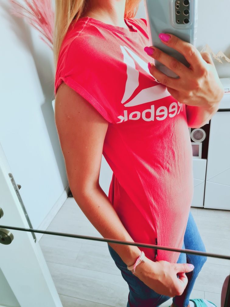 Reebok koszulka t shirt koralowa logo duże bawełniana