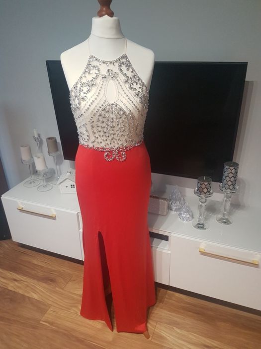 Czerwona sukienka, sukienka na wesele, długa suknia z rozporkiem