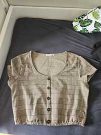 Crop top krótka bluzka koszulka na krótki rękaw w kratę z guzikami