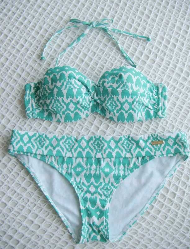 Bikini strój Lascana 38 M 75 B miętowe białe push up print strój