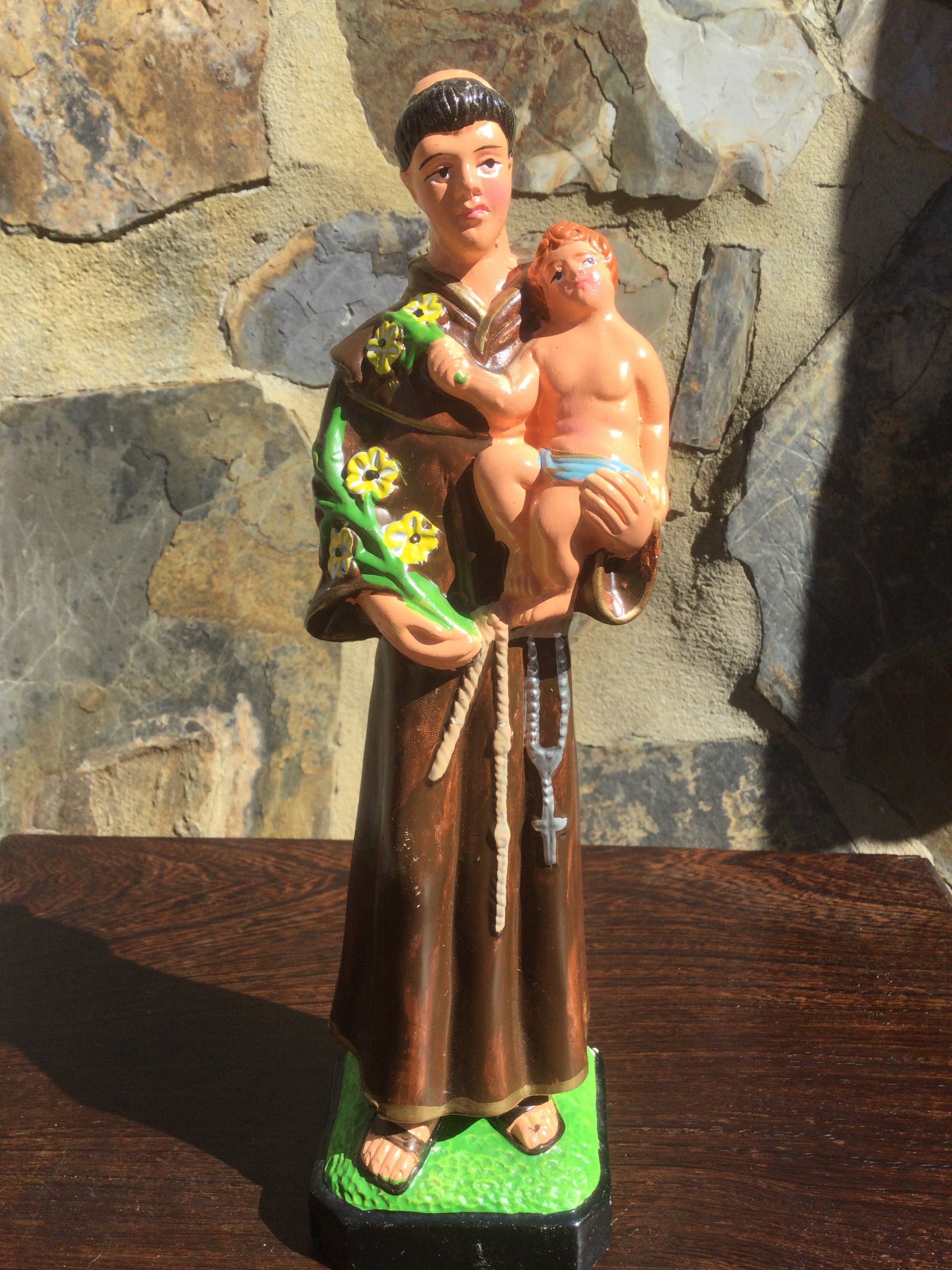 Santo António com Menino barro Antigo Pintado à mão 28 cm Arte Sácra
