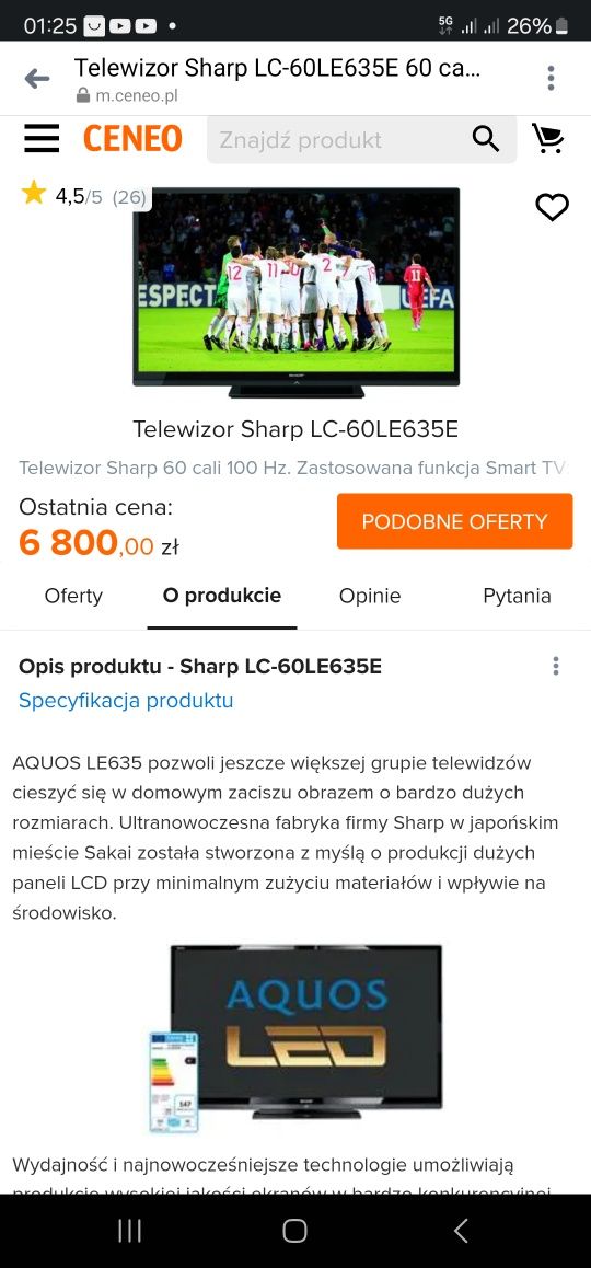 Smart tv Led 60 cali Sharp 100Hz LC-60LE635E do powieszenia