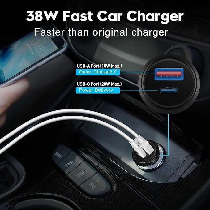 Ładowarka samochodowa USB C z 2 portami - USB C (PD) / A (QC) 38 W