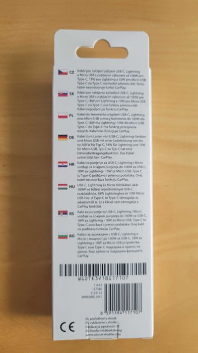 NOWY Kabel USB 3w1 USB-C / Light_USB-C_MicroUSB 100W 1,5m czarny