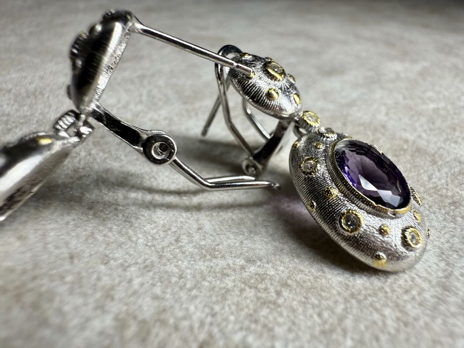 Срібні сережки 925-ї проби з аметистами та фіанітами
