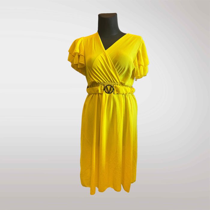 Sukienka Midi Kopertowa Pasek Falbany Lato Żółty