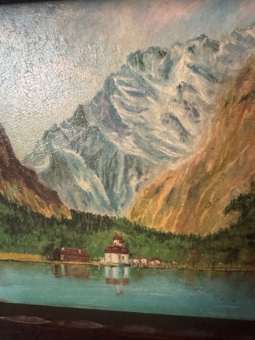 Obraz, pejzaż górski, w drewnianej ramie