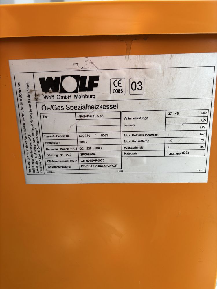Kocioł, piec olejowy Wolf   37-45KW idealny do palnika Bairan Stw120