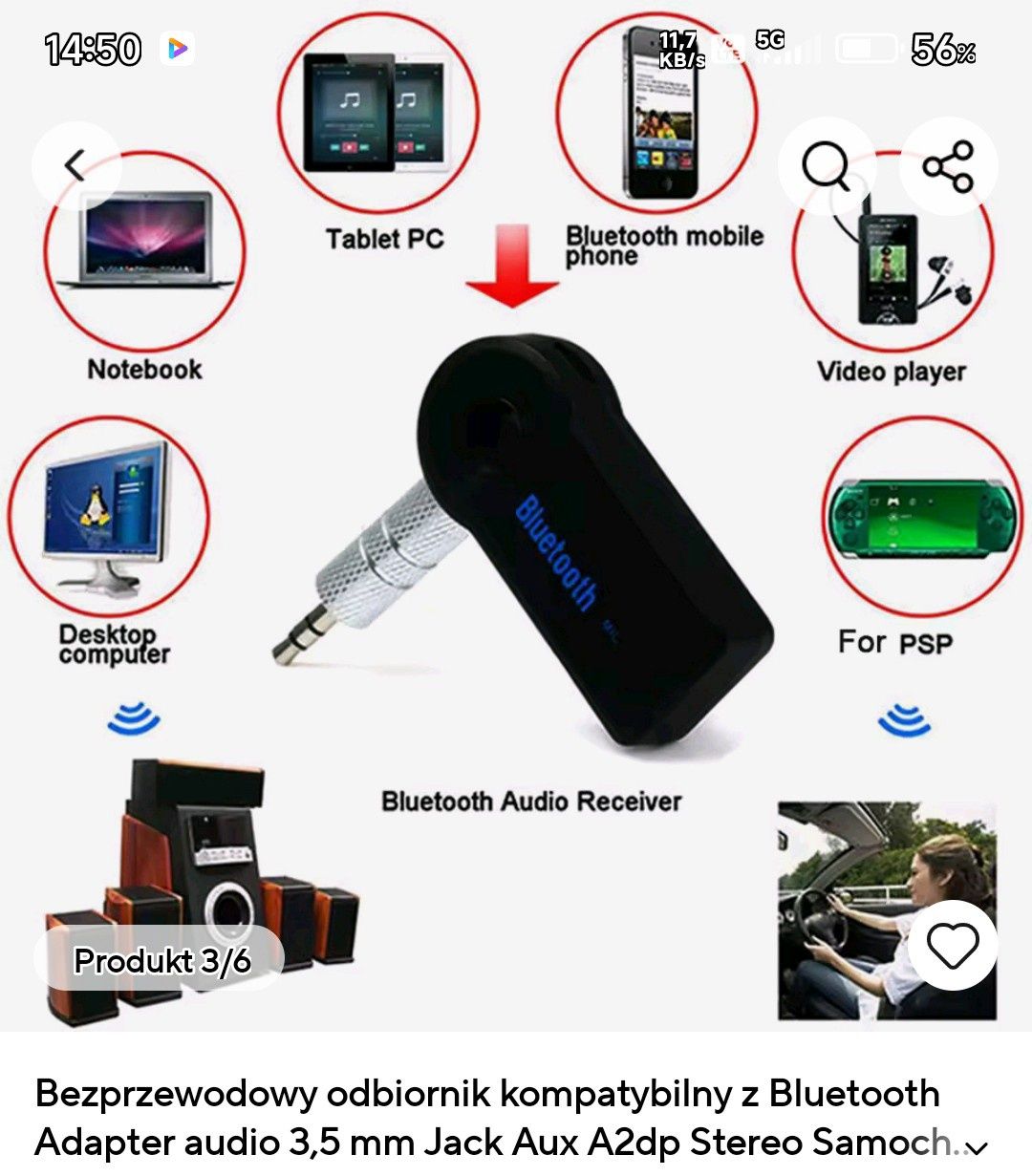 Bezprzewodowy odbiornik kompatybilny Bluetooth adapter audio