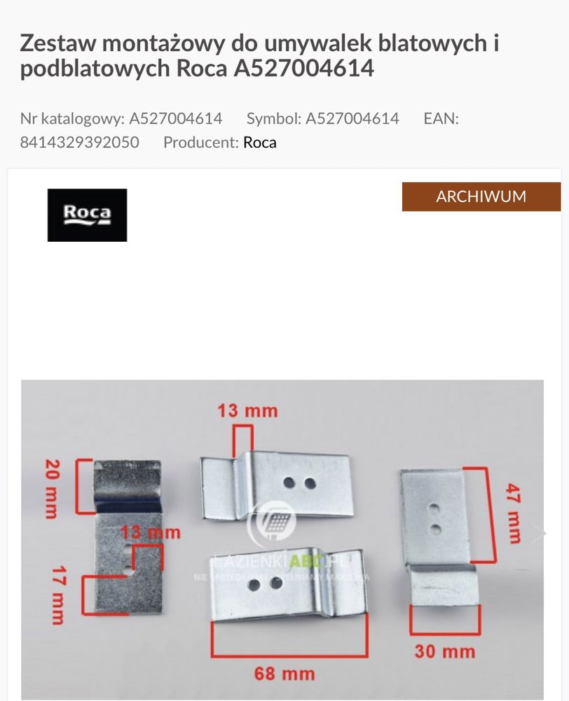 Zestaw montażowy do umywalek blatowych Roca