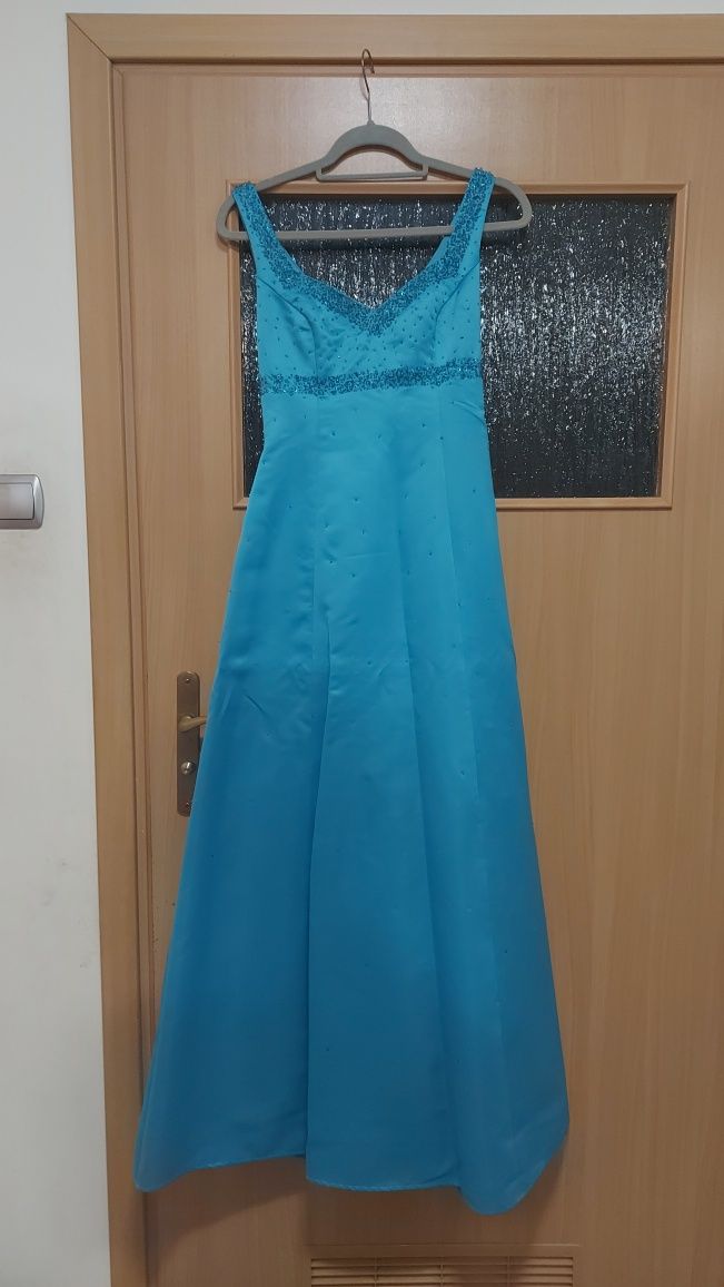 Balowa suknia S 36 z kamyczkami cyrkoniami Delaru boutique turkusowa d