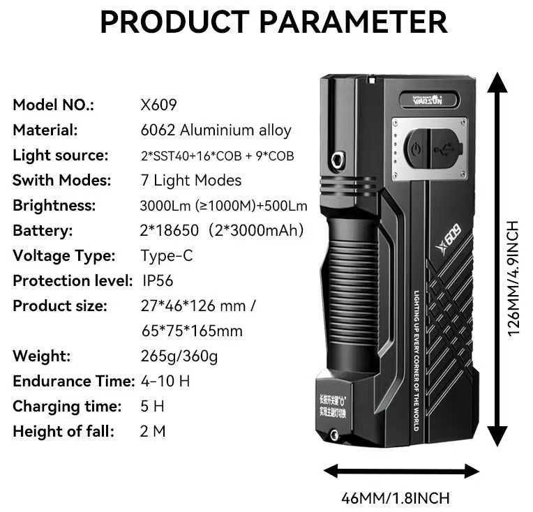 Потужний ліхтар Warsun X609 , 3000Lm , фонарик павербанк 5200mah