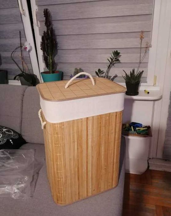 Kosz na pranie bambusowy 72L pokrywka duży pojemnik organizer bielizna