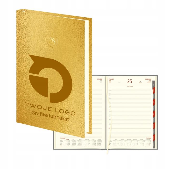 a5 kalendarz z twoim logo dzienny 2026 złoty/srebrny z grawerem 50 szt