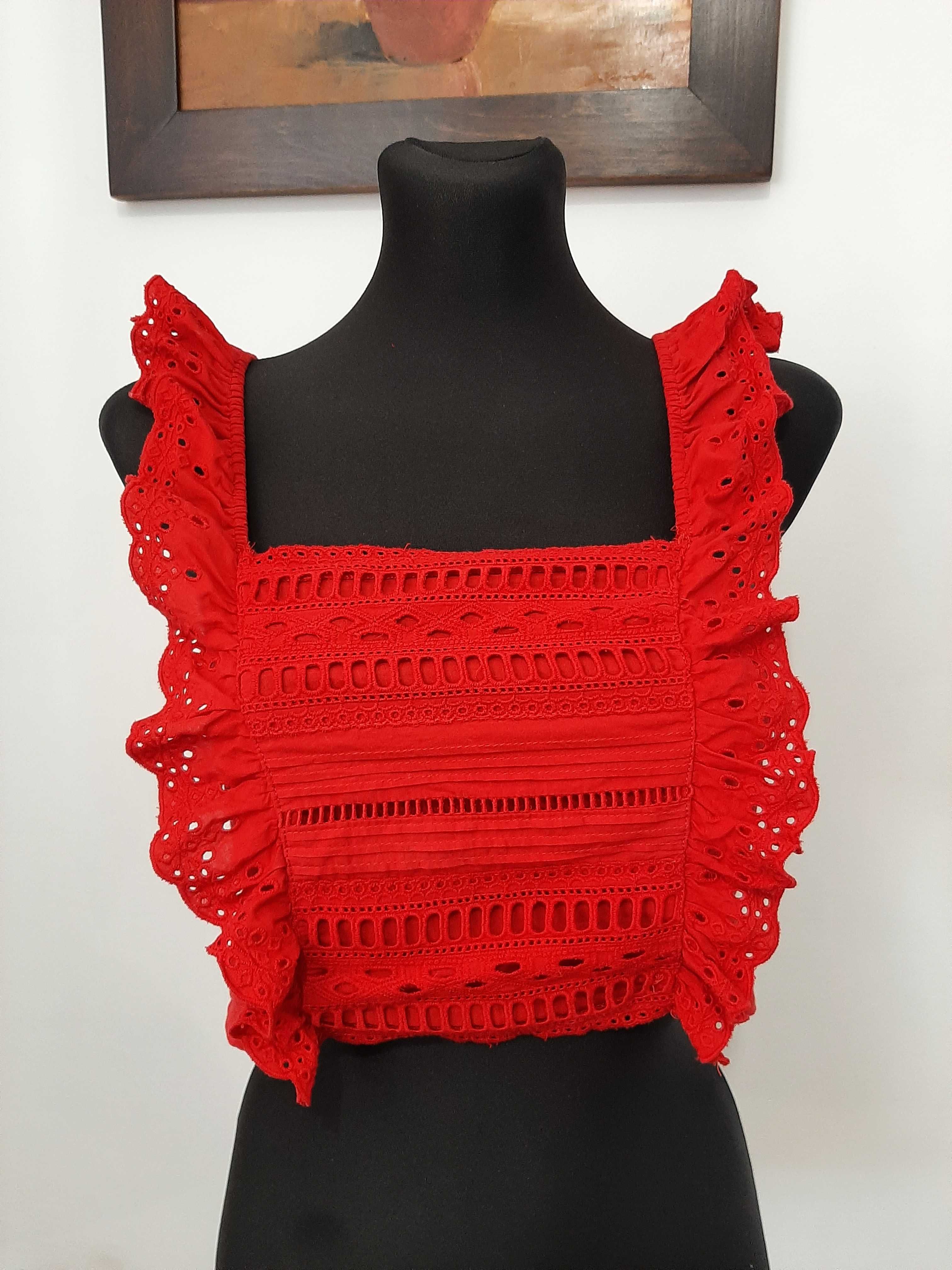 Czerwony crop top z falbankami, XS/S