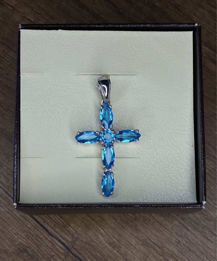 Срібний хрестик з з блакитним кварцом Золотий вік