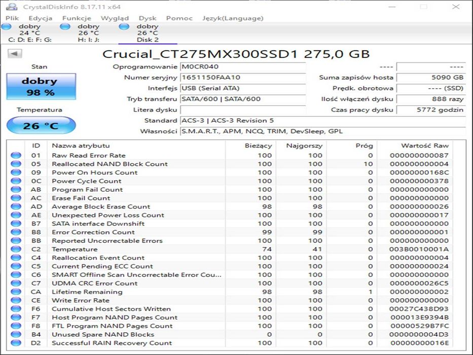 SSD 275GB CruCiaL Mx300