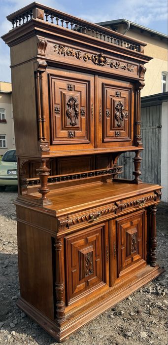 Francuski kredens eklektyczny LITY DĄB UNIKAT 1920 r WITRYNA XXL ANTYK