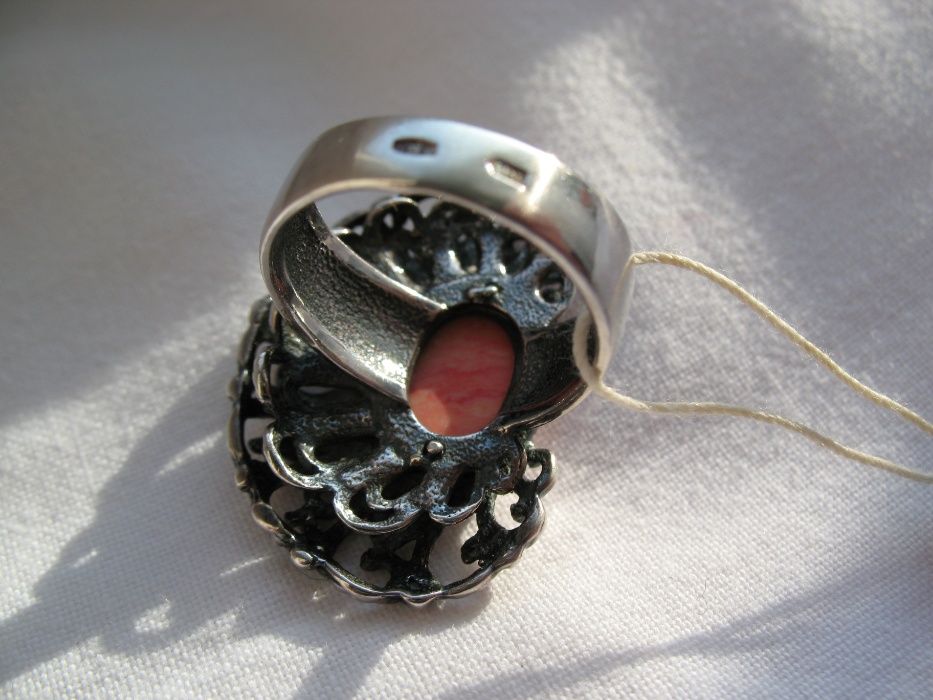 Кольцо перстень 17.5 КРУЖЕВО натуральное кружевное серебро с кораллом