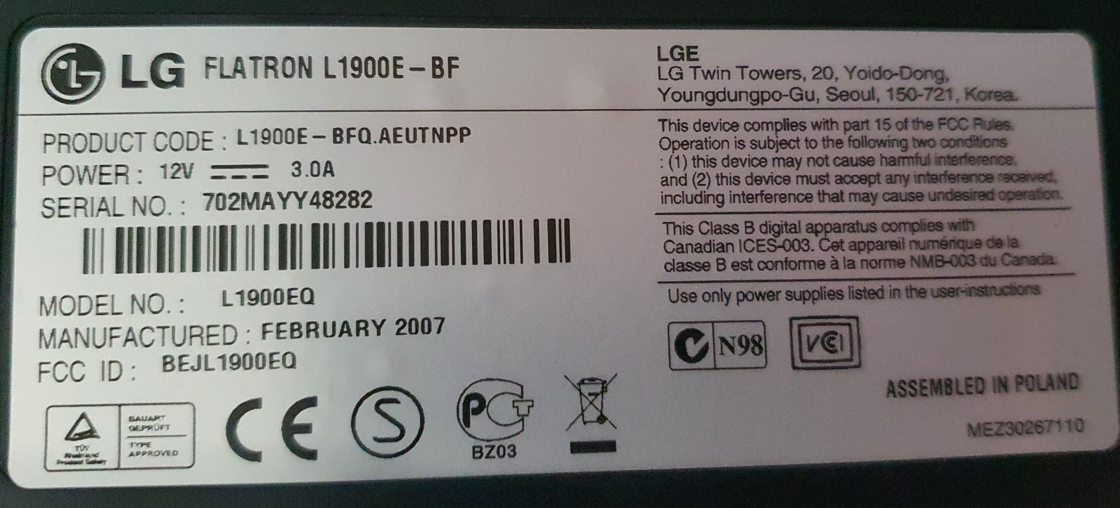 monitor lg flatron l1900e-bf 19"