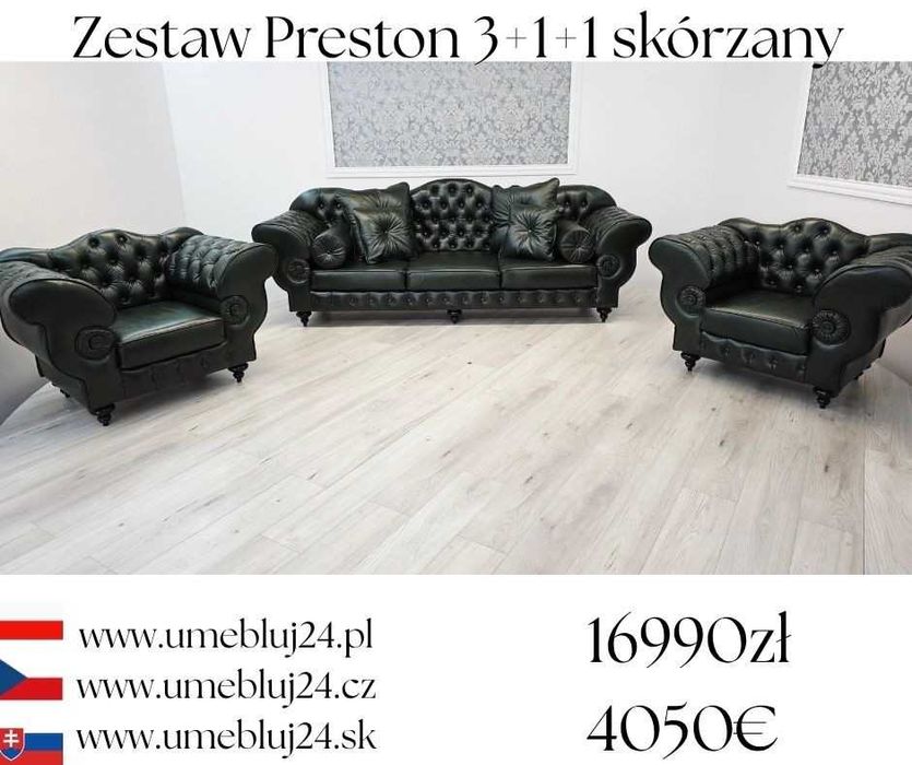 Zestaw wypoczynkowy Chesterfield Preston 3+1+1 skórzany