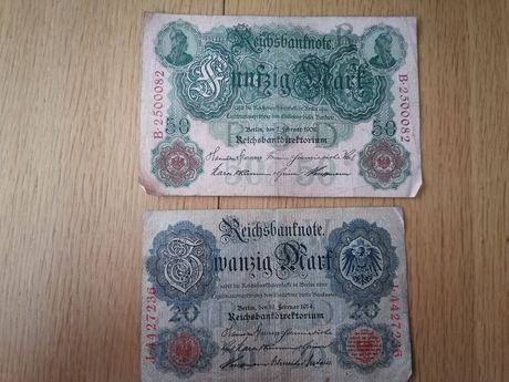 Banknot 50 Marek z 1908r oraz 20 Marek z 1914r Niemieckich.