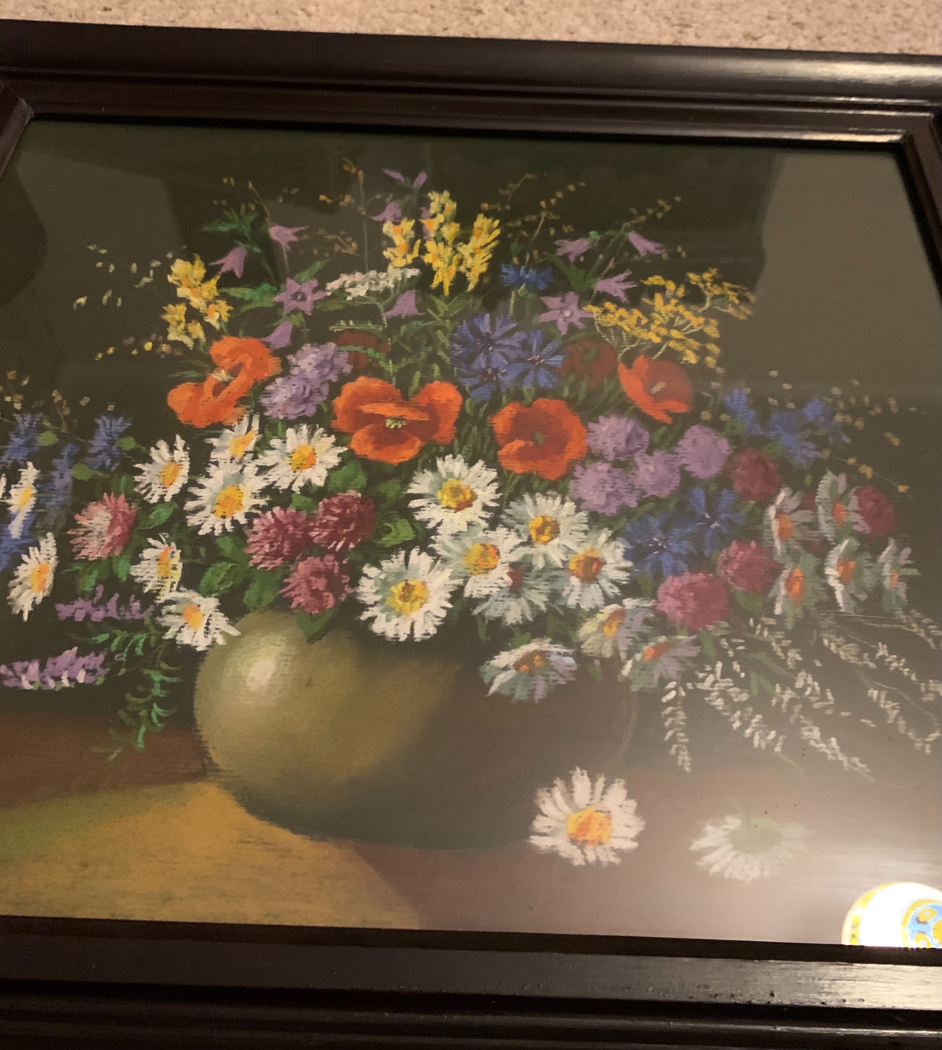 stary sygnowany obraz z kwiatami martwa natura kwiaty polne maki