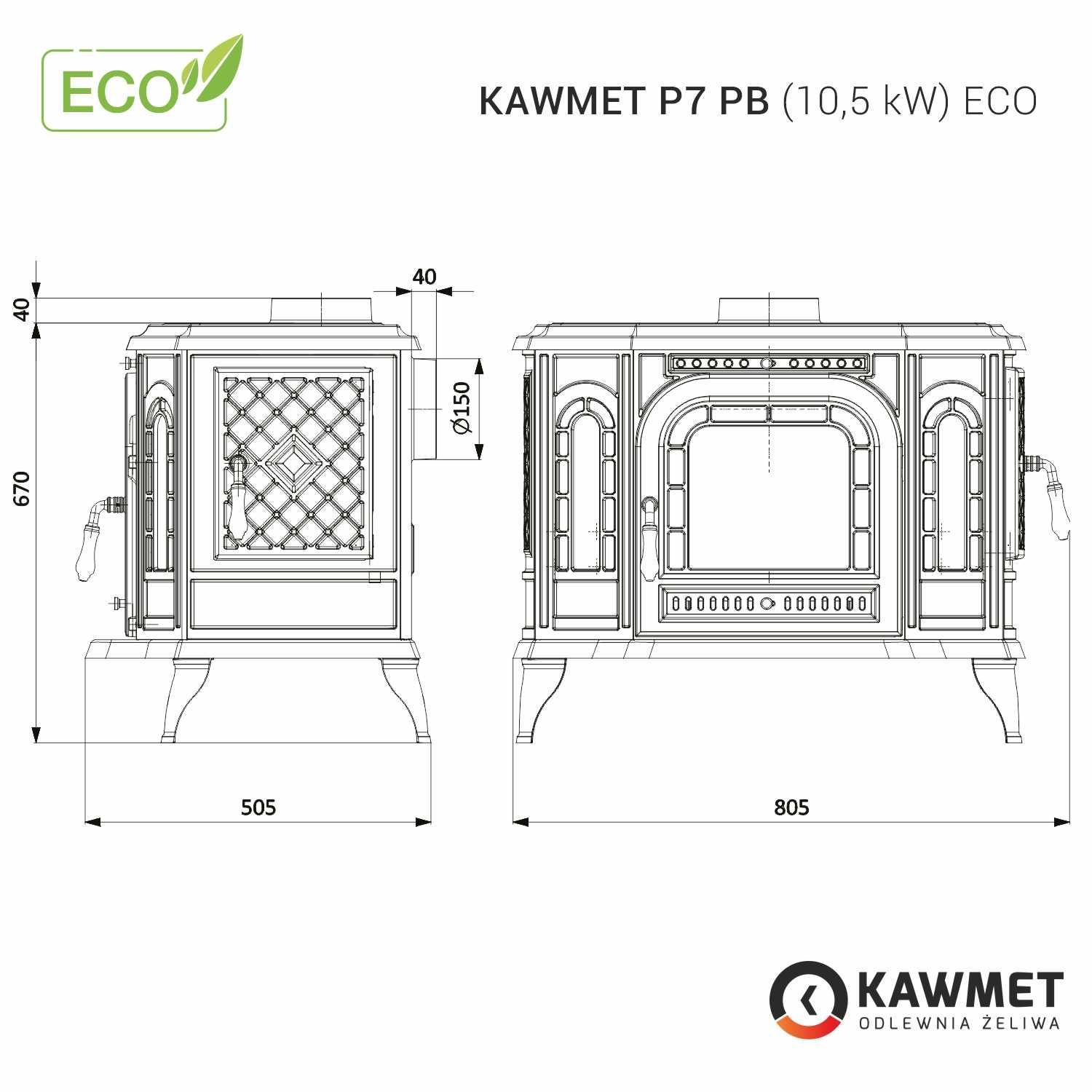 Piec piecyk kominek żeliwny z bocznymi drzwiczkami KAWMET P7 PB ECO