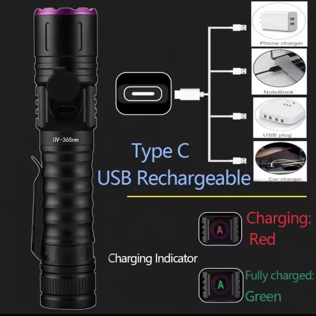 Latarka UV 365nm 5W do bursztynu klimy LED USB C akumulator ZOOM