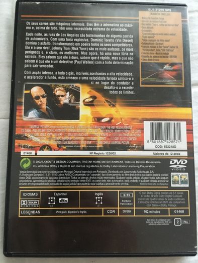 Velocidade Furiosa - DVD 9Gb DTS Filme original com DTS (Portes CTT (GRÁTIS)