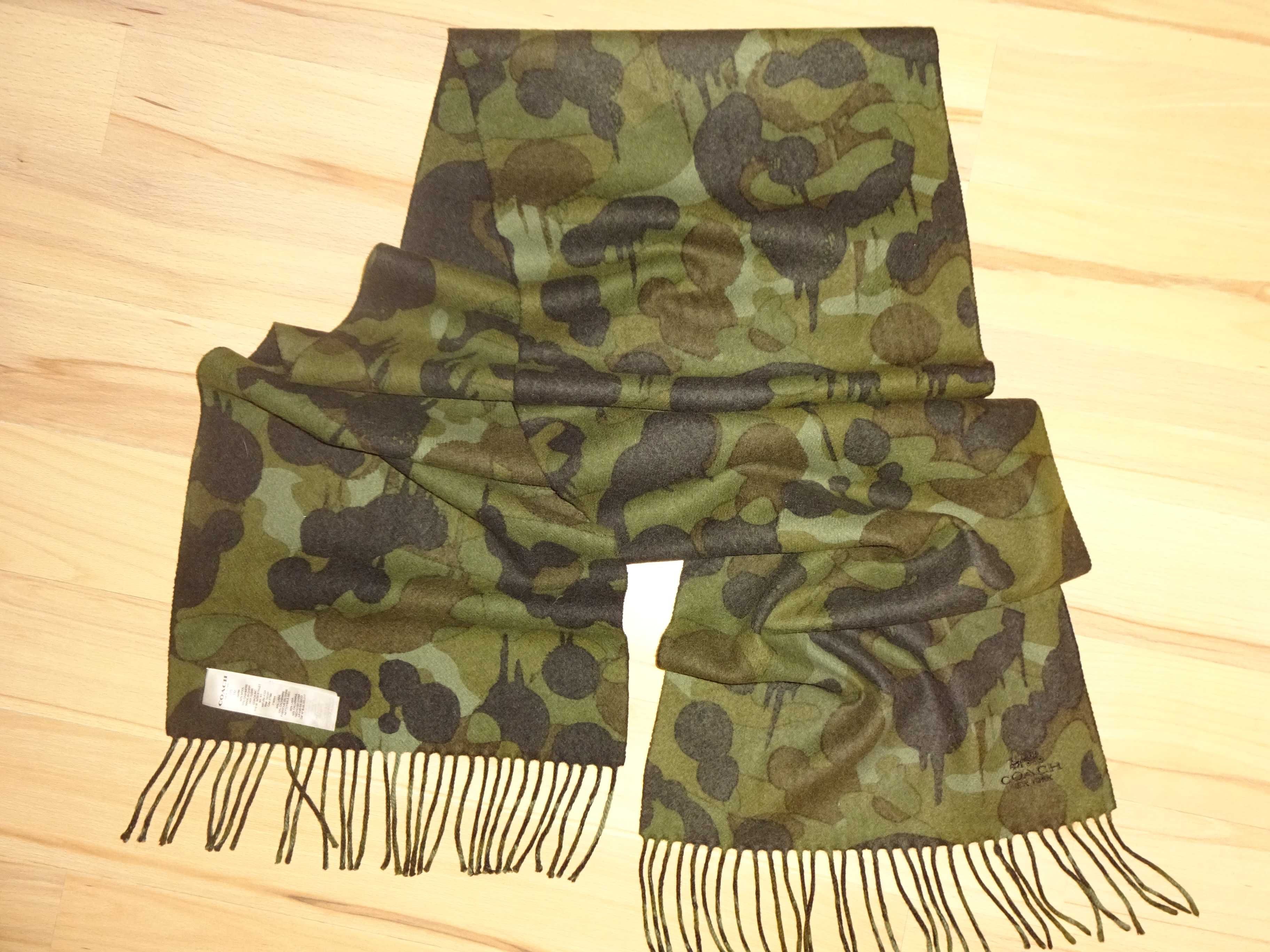 COACH New York 90% Wool 10% Cashmere zielony khaki szalik z frędzlami