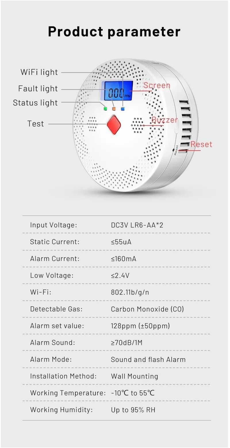 Inteligentny Czujnik Tlenku Węgla Dymu Alarm na telefon Tuya WiFi