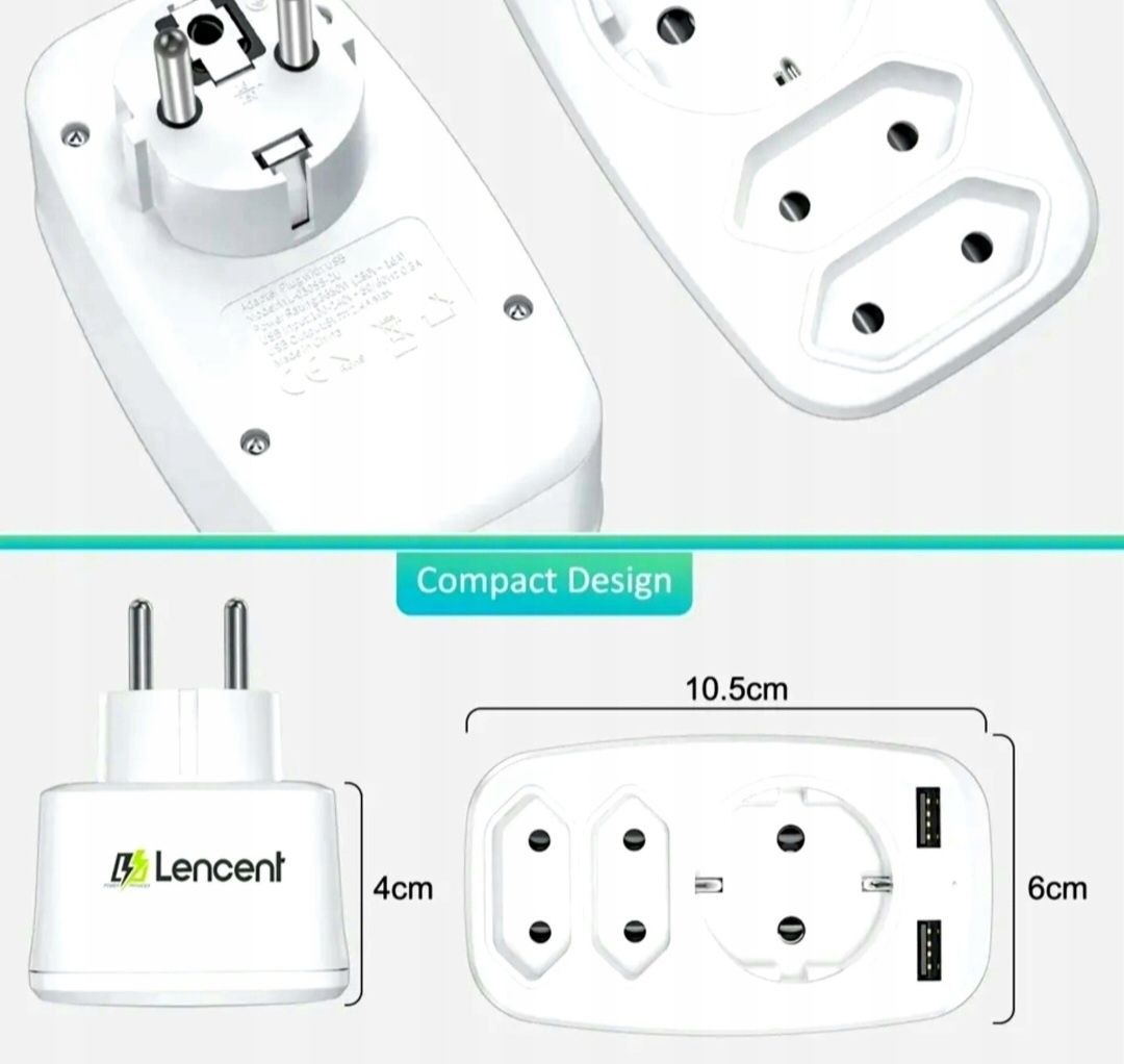 Gniazdo Elektryczne 5w1 USB A x2 rozgałęźnik 3 gniazda LENCENT biały