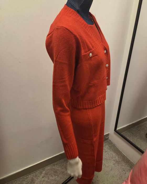 Zimowy Komplet Dzianinowy Sukienka + Sweter Czerwony   S M