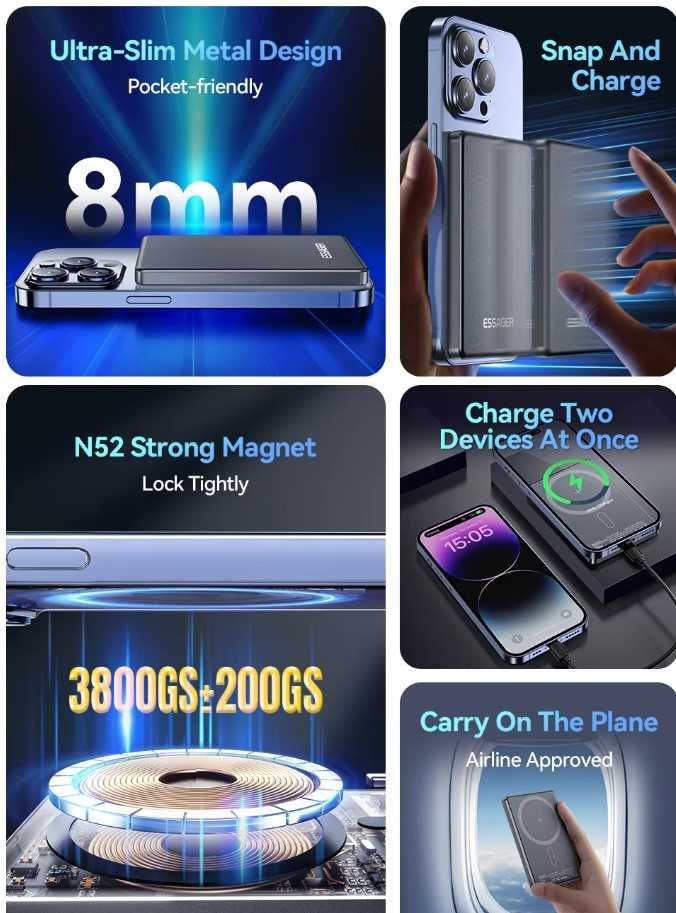 Ультратонкий Essager 5000mAh MagSafe Повербанк iphone 12 13 14 15 16