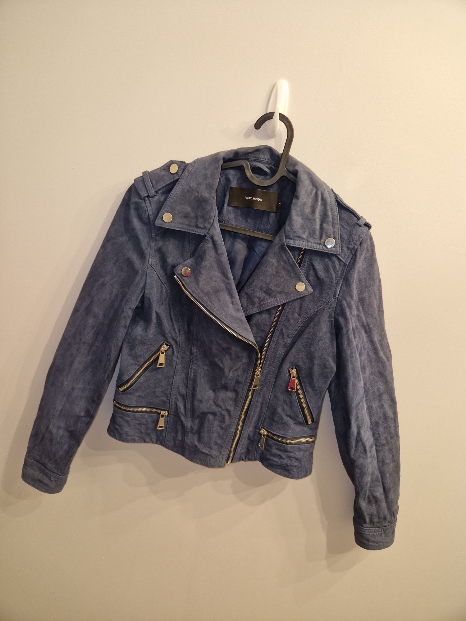 Ramoneska Vero moda M 38 skóra naturalna zamsz ciemnoniebieska hit
