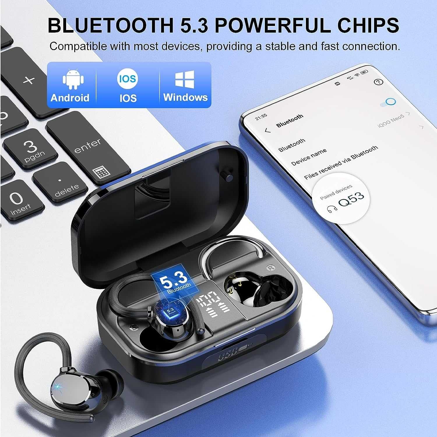 POMUIC Q53 Słuchawki bezprzewodowe Bluetooth 120h BASS USB-C powerbank