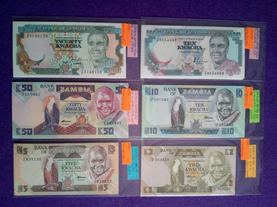 Notas da ZÂMBIA * 6 notas diferentes * Novas (Não Circuladas) UNC