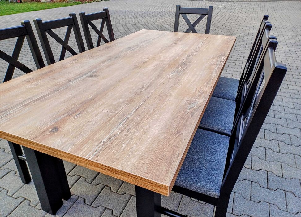 Stol 185/244x95+8 krzesel krzyzowe biale+blat drewno retro