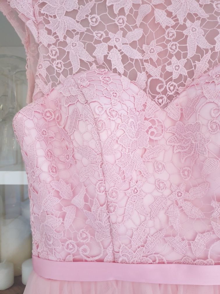 Różowa sukienka mini tiulowa koronka pudrowy róż