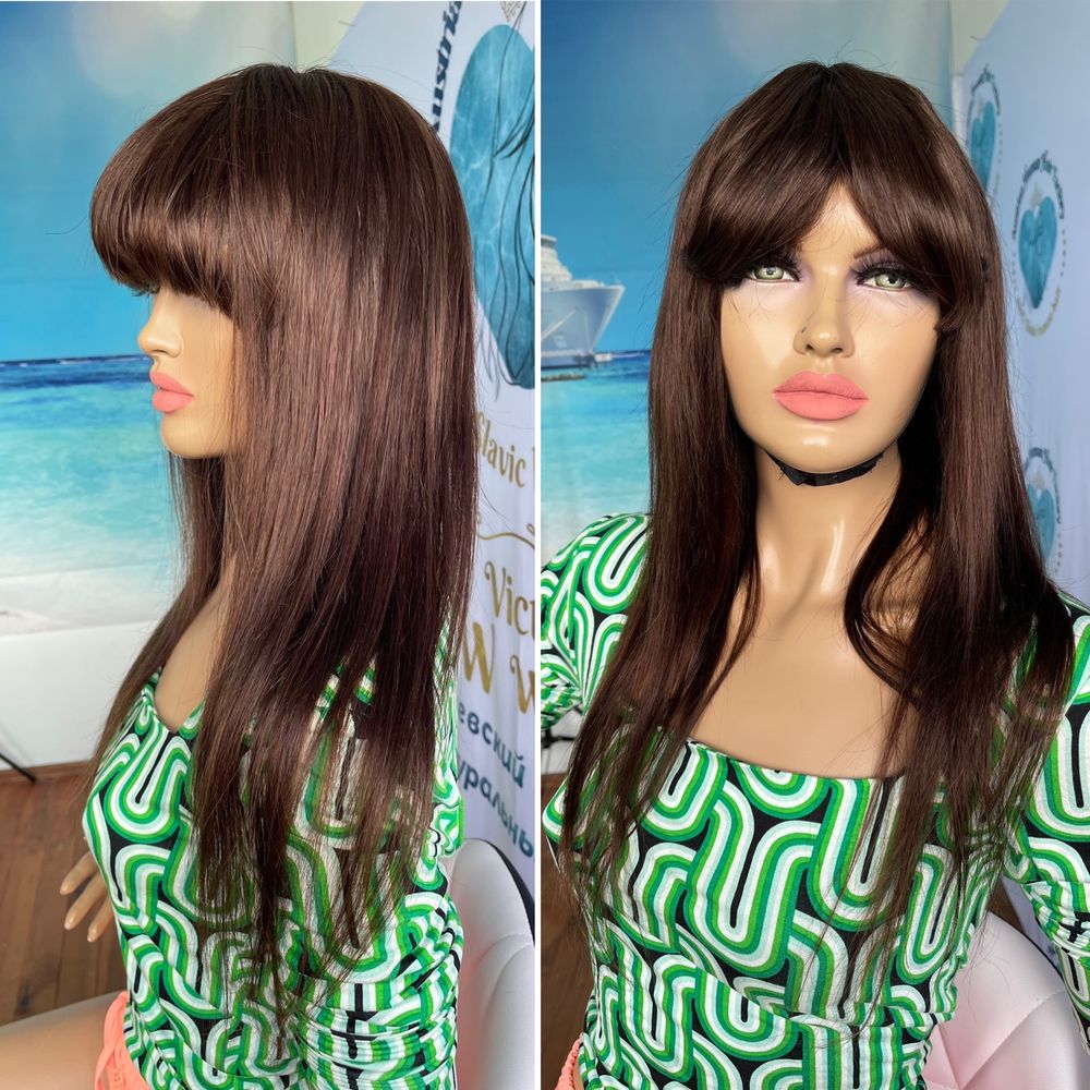 Натуральный парик с чёлкой славянские коричневые волосы 55 см русые