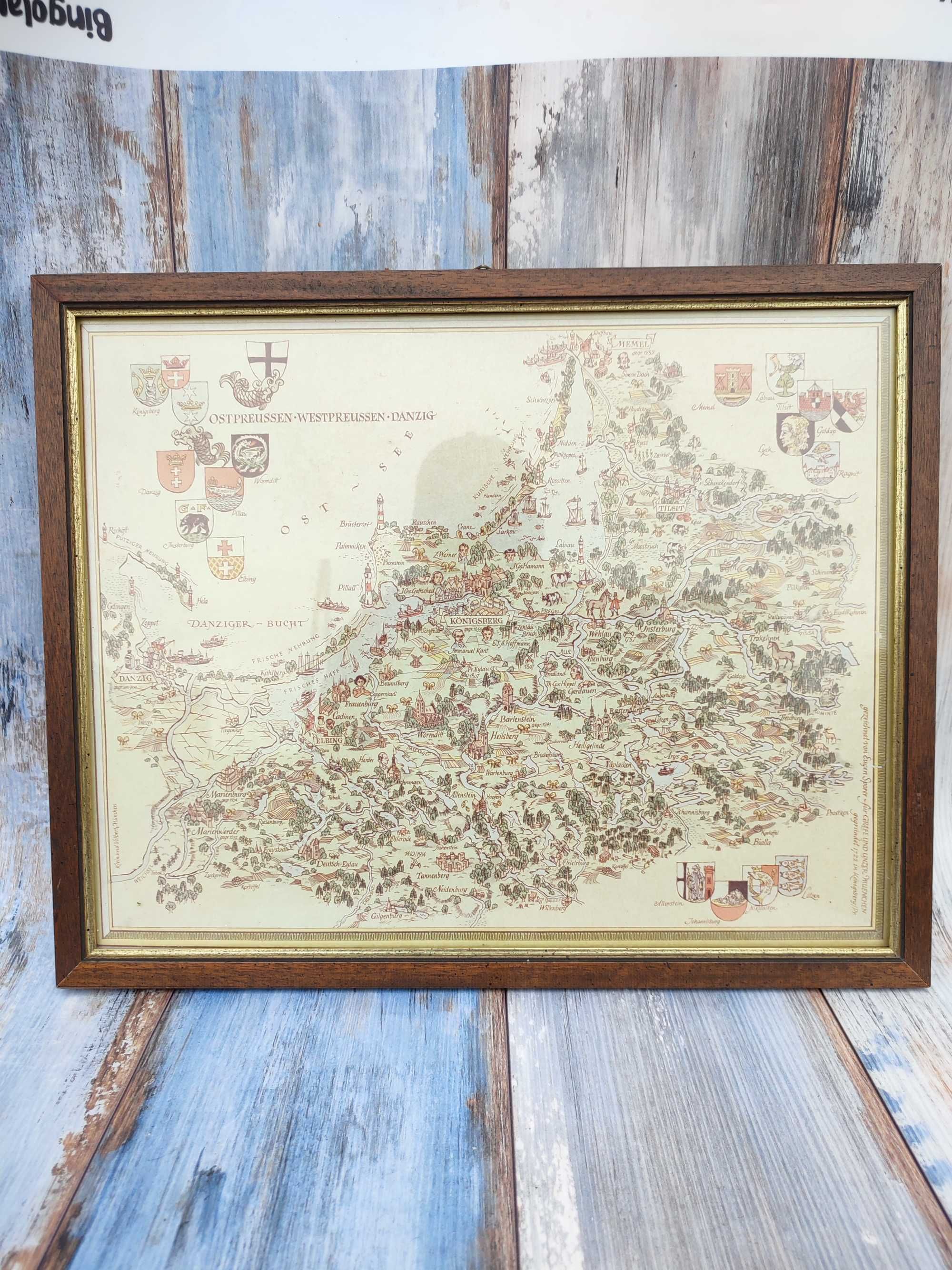 Stara Grafika - Mapa - w drewnianej ramie 1982 rok -