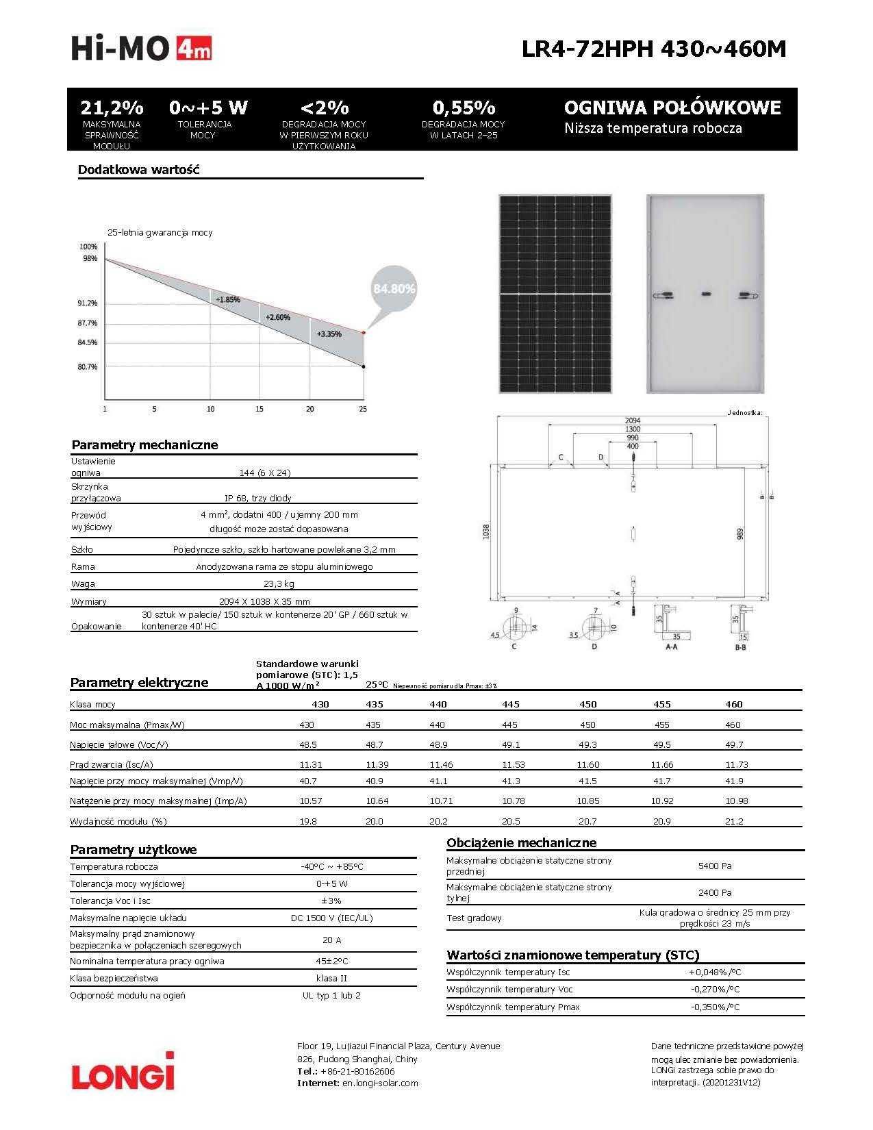 Panele fotowoltaiczne LONGI SOLAR LR4-72HPH 445W