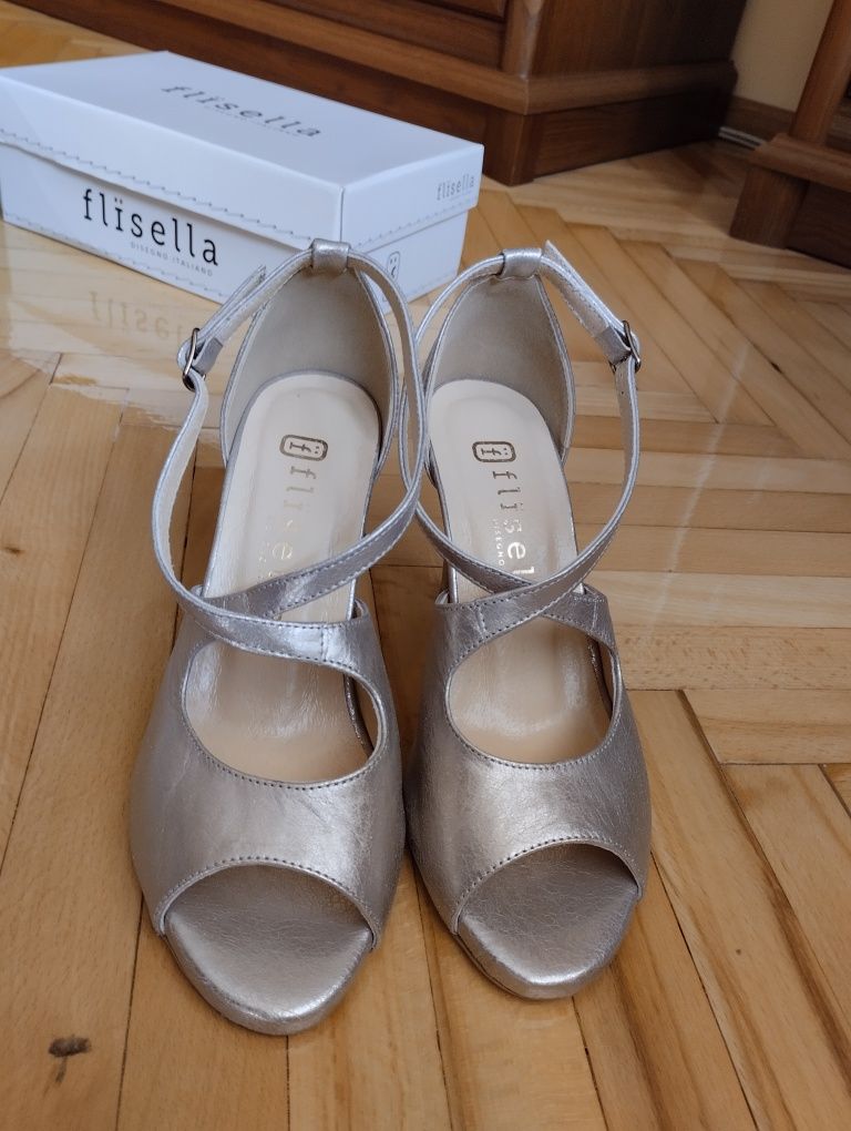 Skórzane szpilki buty na obcasie złote weselne imprezowe peep toe 36