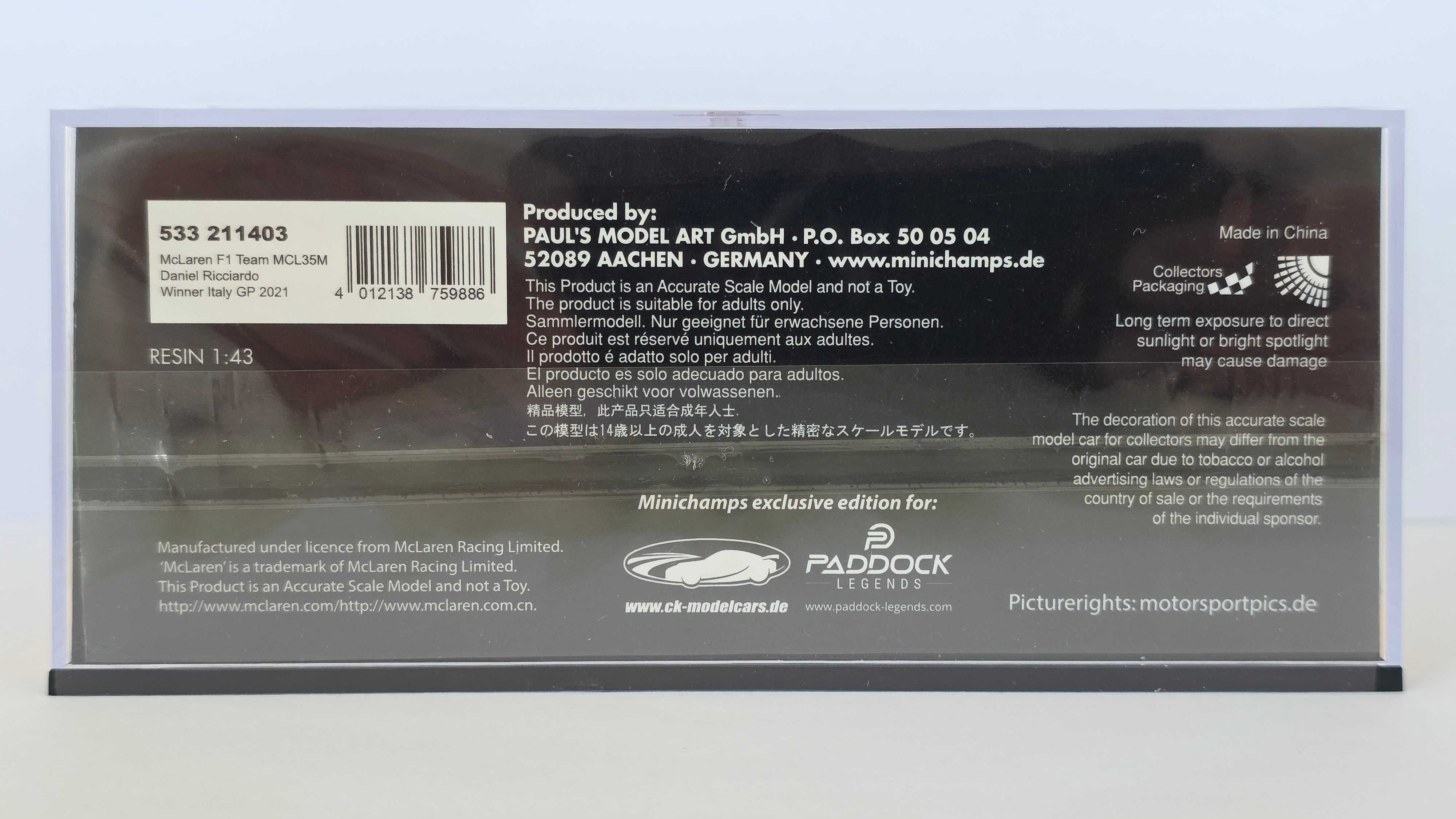Minichamps F1 1:43 McLaren MCL35M #3 Ricciardo Vencedor GP Itália 2021