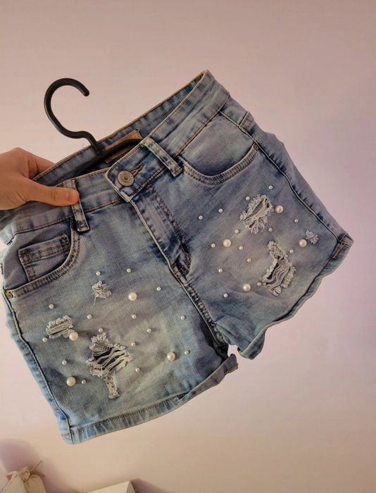 Bawełniane spodenki szorty jeansowe zdobienia perełki przetarcia s/m