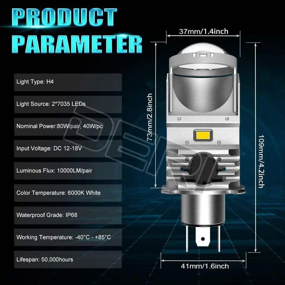 Лампа LED H4 Мини Лінзи Линзы  80W/6000K. F40B H4. Комплект