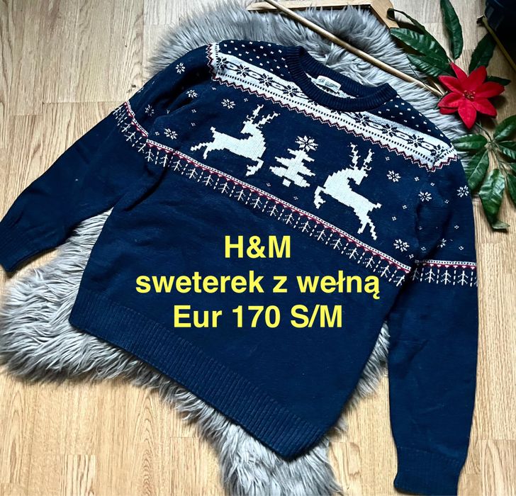 H&M sweterek świąteczny granatowy z wełną na święta