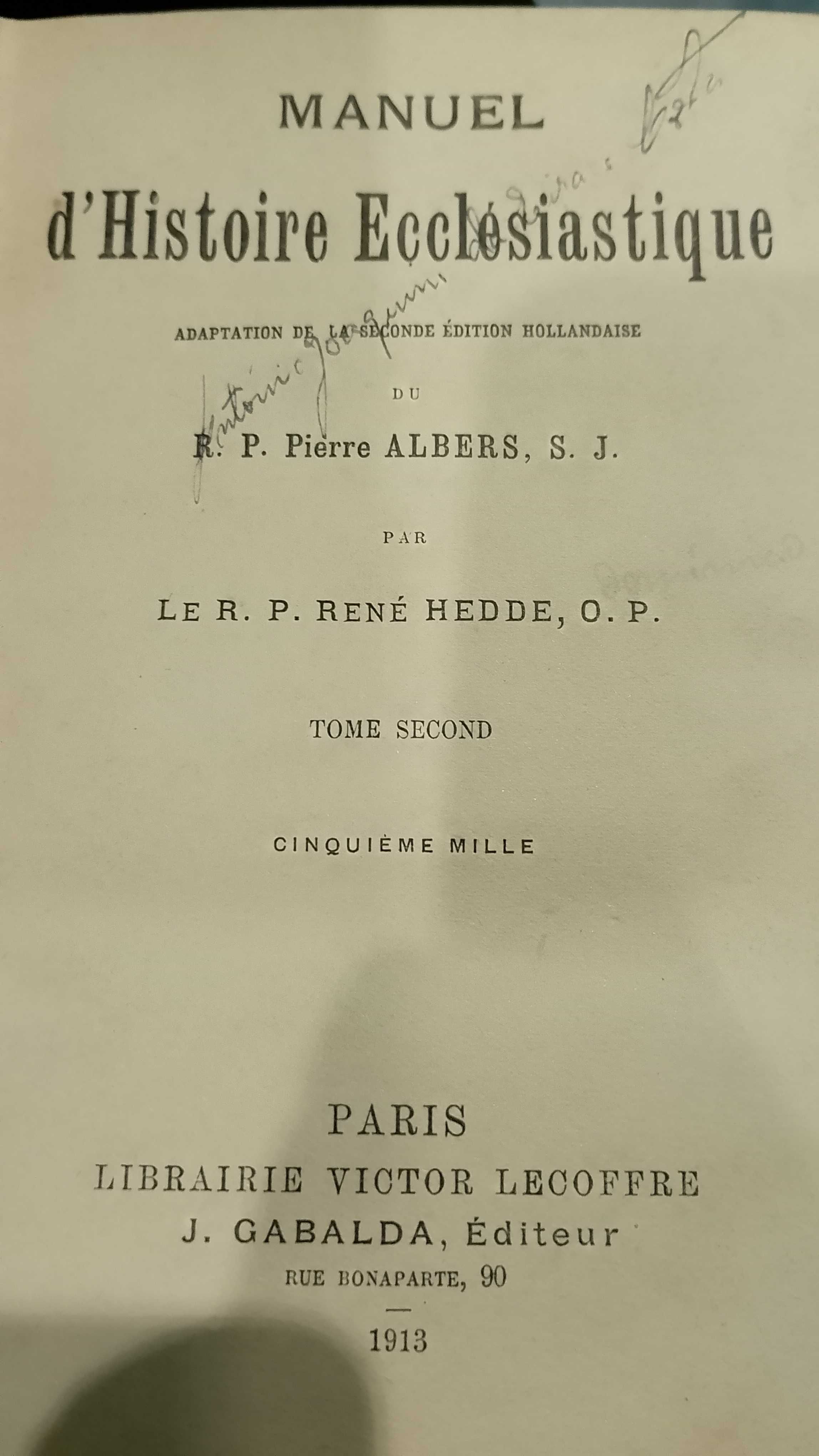 Manuel D´Histoire Ecclésiastique 1903 P. René Hedde