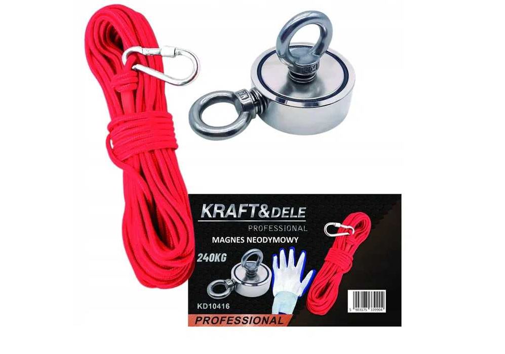 MAGNES NEODYMOWY 240 kg + lina 20m + rękawice - ZESTAW do poszukiwań